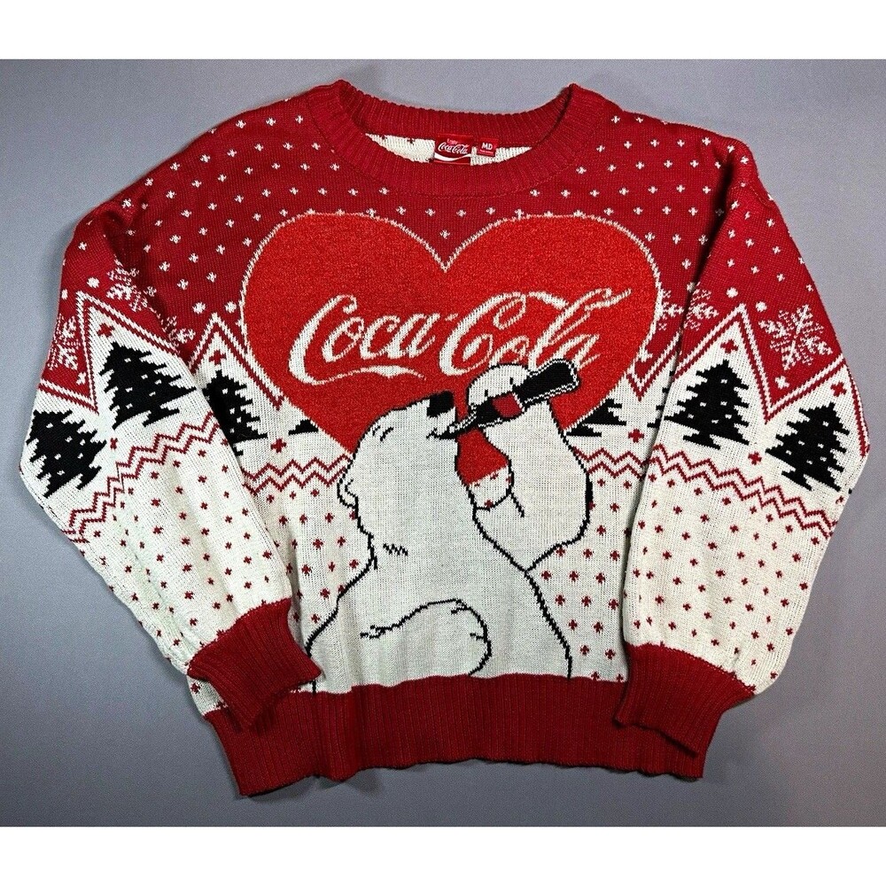 Coca-Cola Polar Bear Holiday Shirt Sweater Red White Black Size Medium vintage